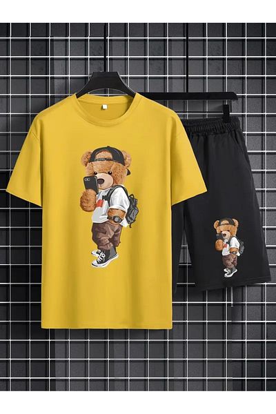 DAXİS Sportwear Company Мъжки комплект от 2 части, удобна тениска с кръгло деколте, къс ръкав и регулируеми къси панталони с принт на плюшено мече