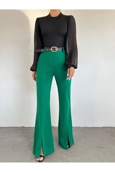 Modamorfo Spanish Leg Slit Belted Trousers -Green
