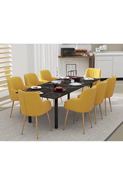 Mahmayi Dec 72 BLK Wooden Dining Table U-Leg, 8-Seater for Kitchen-240cm, Black Pietra Grigia Finish