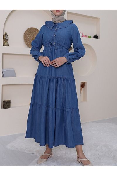 Modamorfo Halb geknöpftes Jeanskleid mit Babykragen und elastischen Ärmeln