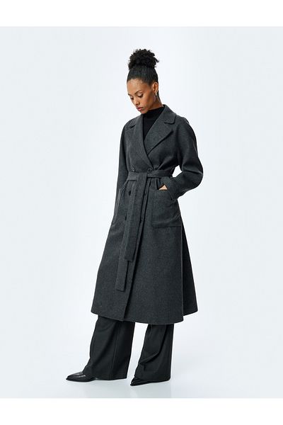 Koton Double Breasted Collar Pocket Belt Detailed Long Coat