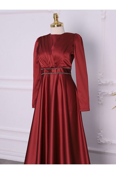 Modamorfo Beaded Satin Evening Dress - Front Draped Waist Design