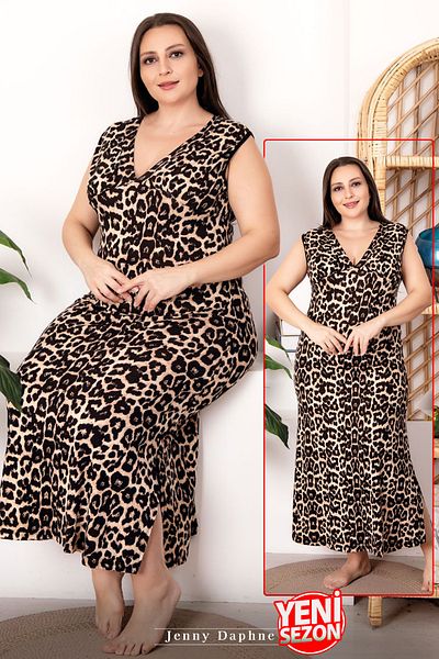 Jenny Daphne Țesătură din viscoză Mărimea mamei cu imprimeu leopard cu decolteu în V Rochie cu mâneci zero Cămașă de noapte supradimensionată 7250