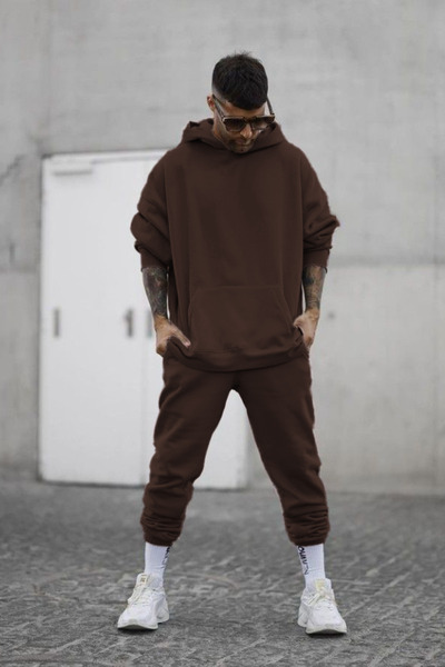 YAKAMEL Men's Oversize 3 Thread Cotton Thick Hooded Kangaroo Pocket Leg Elast...