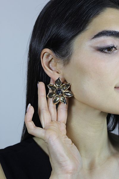 homet Flamboyant Gold Flower Earrings, Black Stone Centered Special Design