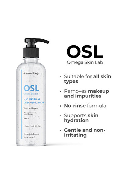 OSL Omega Skin Lab OSL H2O Micellar Cleansing Water 200ML, Daily Face Cleanser with Witch Hazel Extract, Gentle and Eff