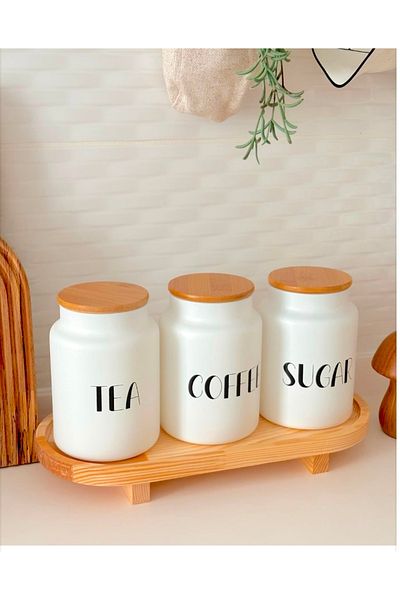 Kitchen Pembelia طقم برطمان شاي سكر كافيه مكون من 3 قطع مع حامل خشبي وغطاء من الخيزران، طقم برطمان شاي سكر وقهوة