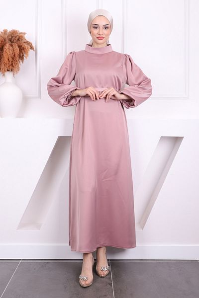 İmajButik Βραδινό φόρεμα με σατέν μανίκι με γιακά Dusty Rose