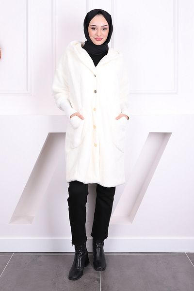 İmajButik Παλτό Angora με κουκούλα κρέμα