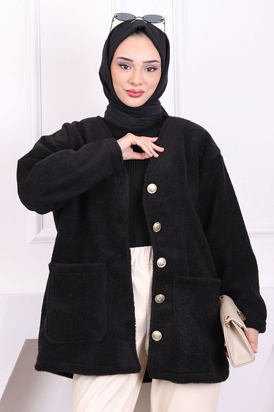 İmajButik Μαύρο μπουφάν Angora με κουμπιά τσέπης