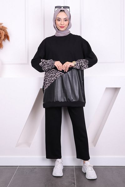 İmajButik ΜΑΥΡΟ ΓΚΡΙ Δερμάτινο γαρνιρισμένο Modal Tunic Παντελόνι