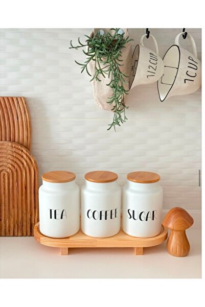 Pembelia Life Ahşap Standlı 3’lü Bambu Kapaklı Tea Sugar Caffe Kavanoz Seti Ç...