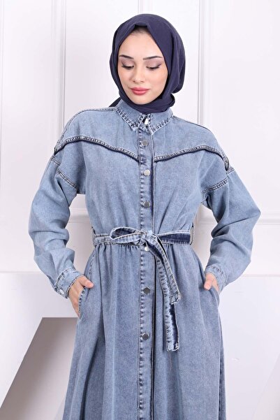 İmajButik Μπλε τζιν φόρεμα με κουμπιά με ζώνη