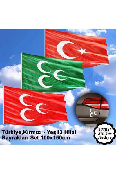 Asilmeydan Türkiye, Kırmızı, Yeşil 3 Hilal Raşel Bayrak Set -100x150 cm Hediy...