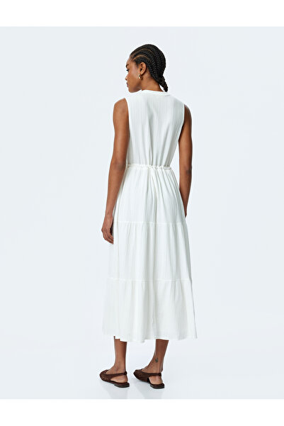 Koton Dlhé viskózové šaty s mandarínkovým golierom bez rukávov s detailom zaväzovania v páse