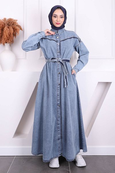 İmajButik Μπλε τζιν φόρεμα με κουμπιά με ζώνη