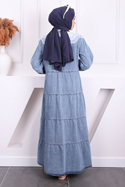 İmajButik Τζιν φόρεμα με μπλε γιακά με κουμπιά