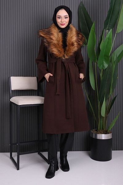 İmajButik Καφέ γούνινο παλτό με γιακά