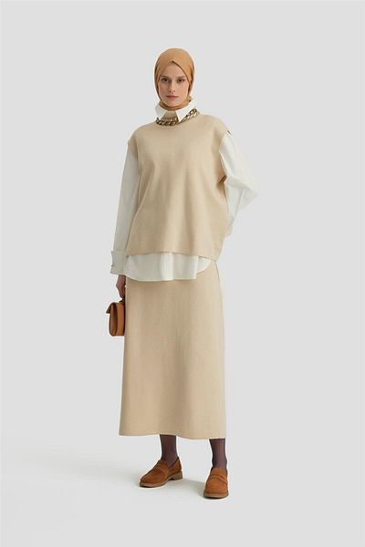 Armine Beige Zero Sleeve Sweater and Skirt Set - 24Kd4220