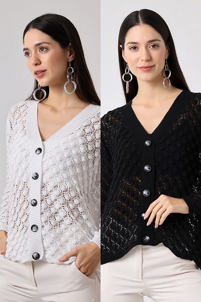 Devinka Women's 2-Pack Black-White Openwork Buttoned Seasonal Knitwear Cardigan