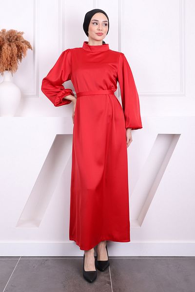 İmajButik Red Prevailing Neckline Balloon Sleeve Satin Evening Dress