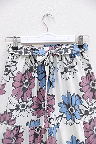 Modamorfo Patterned Belted Linen Skirt with Elastic Waist - Indigo