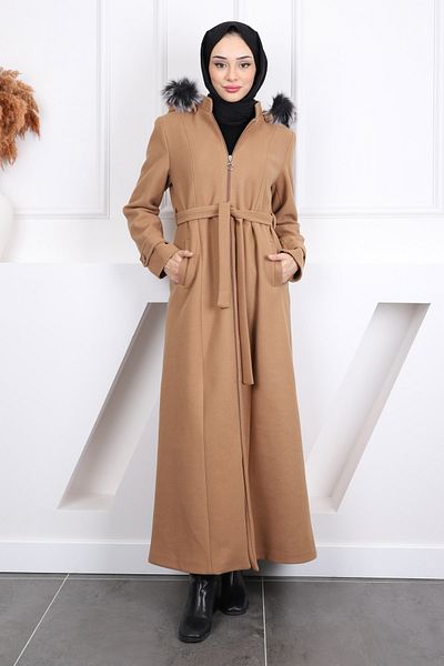 İmajButik Μπισκότο Μπισκότο Μέσης Ζώνης με κουκούλα Παλτό Κασμίρ
