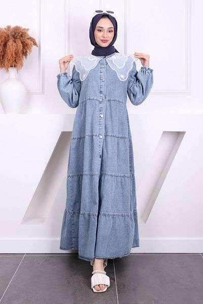 İmajButik Τζιν φόρεμα με μπλε γιακά με κουμπιά