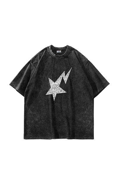 Sekizbiraltı Μαύρο μπλουζάκι Shining Star Stone με στάμπα Oversize Unisex Washed