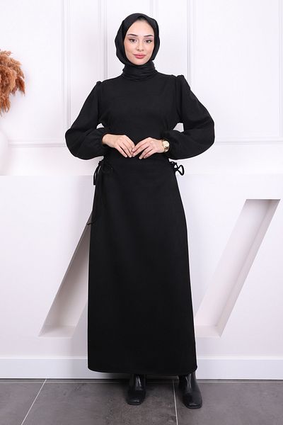 İmajButik Μαύρο φόρεμα σουέντ με γραβάτα