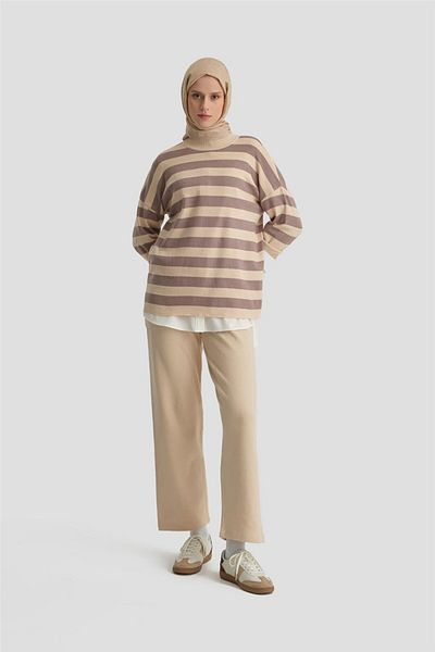 Armine Beige Striped Knitwear Set - 24Kd4213