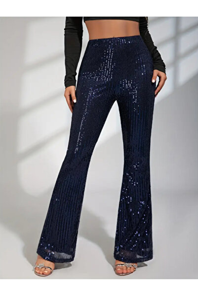 AYSİ COLLECTİON بنطال واسع بخصر مطاطي مزين بالترتر باللون الأزرق الداكن