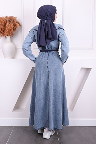 İmajButik Μπλε τζιν φόρεμα με κουμπιά με ζώνη