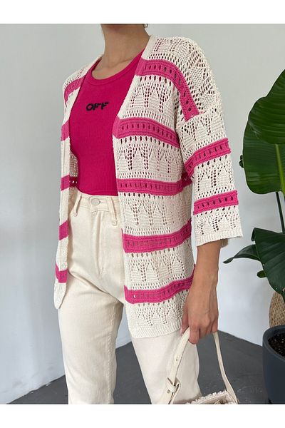 Modamorfo Pink Openwork Striped Fakir Sleeve Cardigan