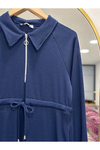 Ebrar Store Cansu Knitted Twist Dress with Tunnel Waist-Kn8085 Navy