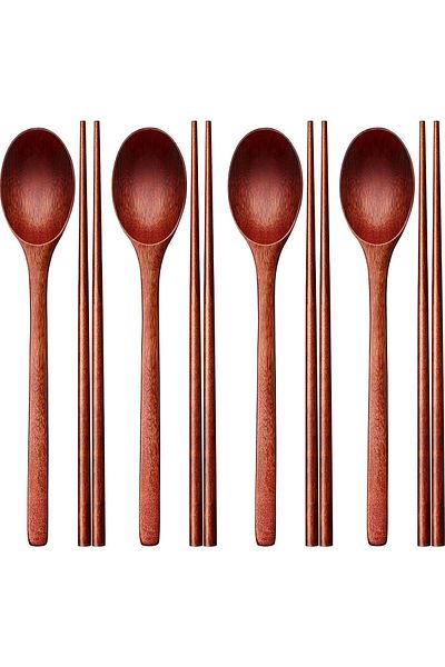 COOYA Wooden Chopsticks and Spoon Set, Spoon with long-hand, Reusable, 9.3 Inch, Set of 4