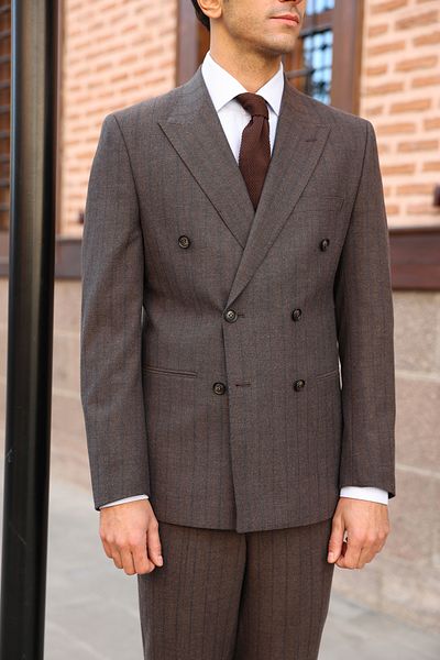 AEK FIORE Men's Brown Striped Double Breasted Suit