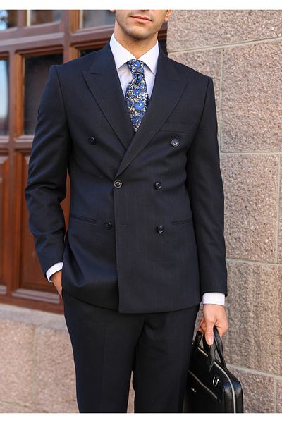 AEK FIORE Men's Navy Blue Silicone Blue Striped Double Breasted Suit