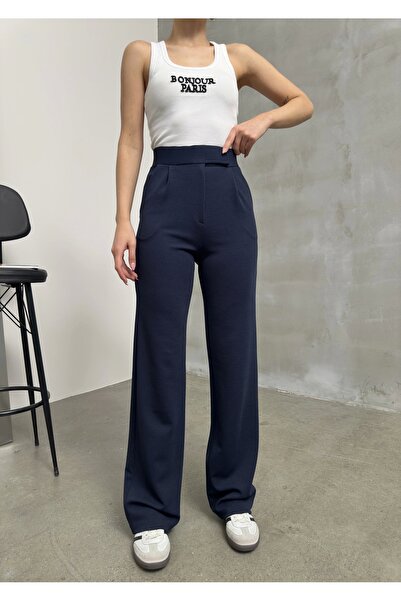 asfamoda Pantaloni Palazzo cu talie înaltă, albastru bleumarin, cu talie cu v...