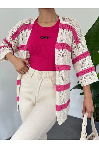 Modamorfo Pink Openwork Striped Fakir Sleeve Cardigan