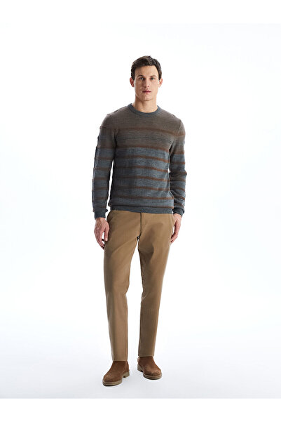 LC Waikiki Ανδρικό πλεκτό πουλόβερ με μακρυμάνικο ριγέ λαιμόκοψη LCWAIKIKI Classic Brown