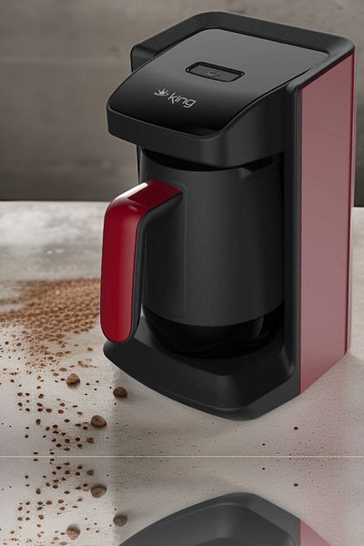 King ماكينة القهوة التركية MOJJO K-601 باللون الأحمر، هيكل أسود