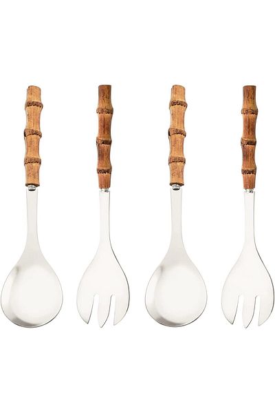 COOYA 4 Piece Serving Spoon and Fork Set, Stainless Steel, with 10" Natural Bamboo Handle, 2 of Each