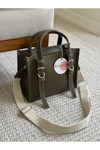 BAGLOVİS Khaki Women's Shoulder Bag with Cotton Column Strap Front Buckle and Ring Detail