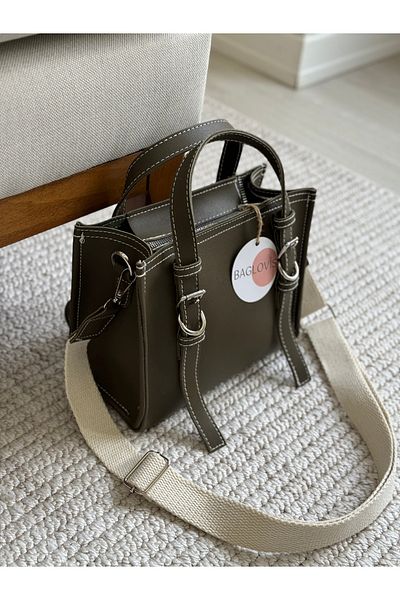 BAGLOVİS Khaki Women's Shoulder Bag with Cotton Column Strap Front Buckle and Ring Detail