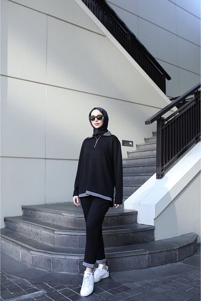 Moka Shopin Mokashopin Women's Long Sleeve Ribbed and Zipper Detail Blouse and High Waist Trousers 2-Piece Set