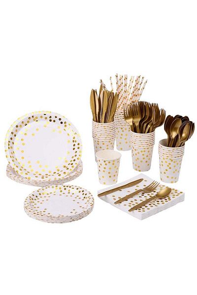 COOYA Disposable Tableware Set for 25 Guests, No BPA, Disposable Paper Birthday Dinnerware Plates