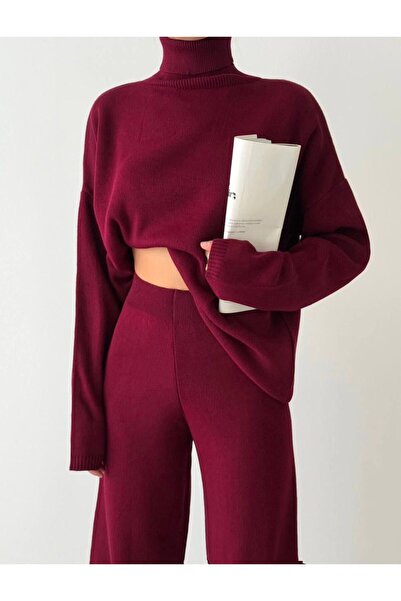 My Blog Costum de bază roșu Claret cu pantaloni înalți - 4672