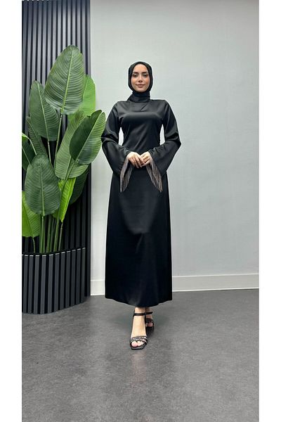 modadeywearst Satin Hijab Evening Dress with Chain Sleeves