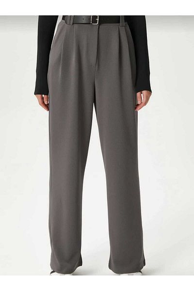 NEVEGE BUTİK Women's Relaxed Fitting Palazzo Pants with Lycra and Belt - Anthracite
